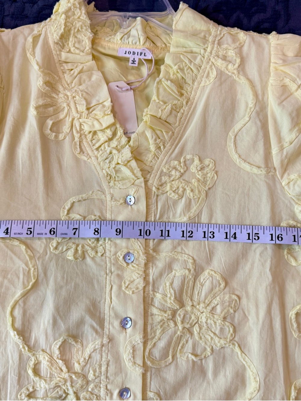JODIFL Lemon Yellow Ruffle Neck Embroidered Button-Front Blouse - Picture 4 of 5